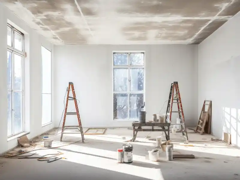 Room under renovation with ladders, paint cans, and construction materials scattered on the floor. disaster reconstruction services