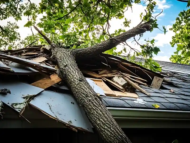 Large tree fallen on a roof, causing significant damage with broken shingles and exposed wood. water damage restoration in north alabama