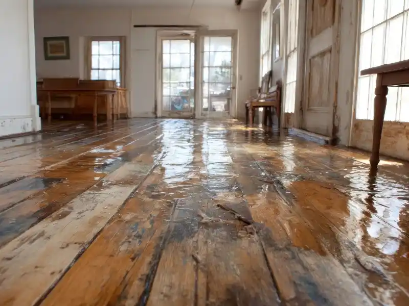 Glossy wooden floorboards reflecting light in a room with windows and furniture. licensed restoration company in North Alabama flood damage restoration