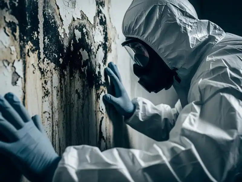 Person in protective suit and mask inspecting mold on a wall. biohazard cleanup services