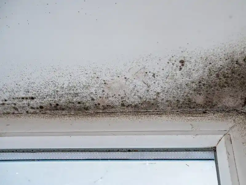Black mold growing on the upper corner of a white wall near a window frame. professional mold inspection